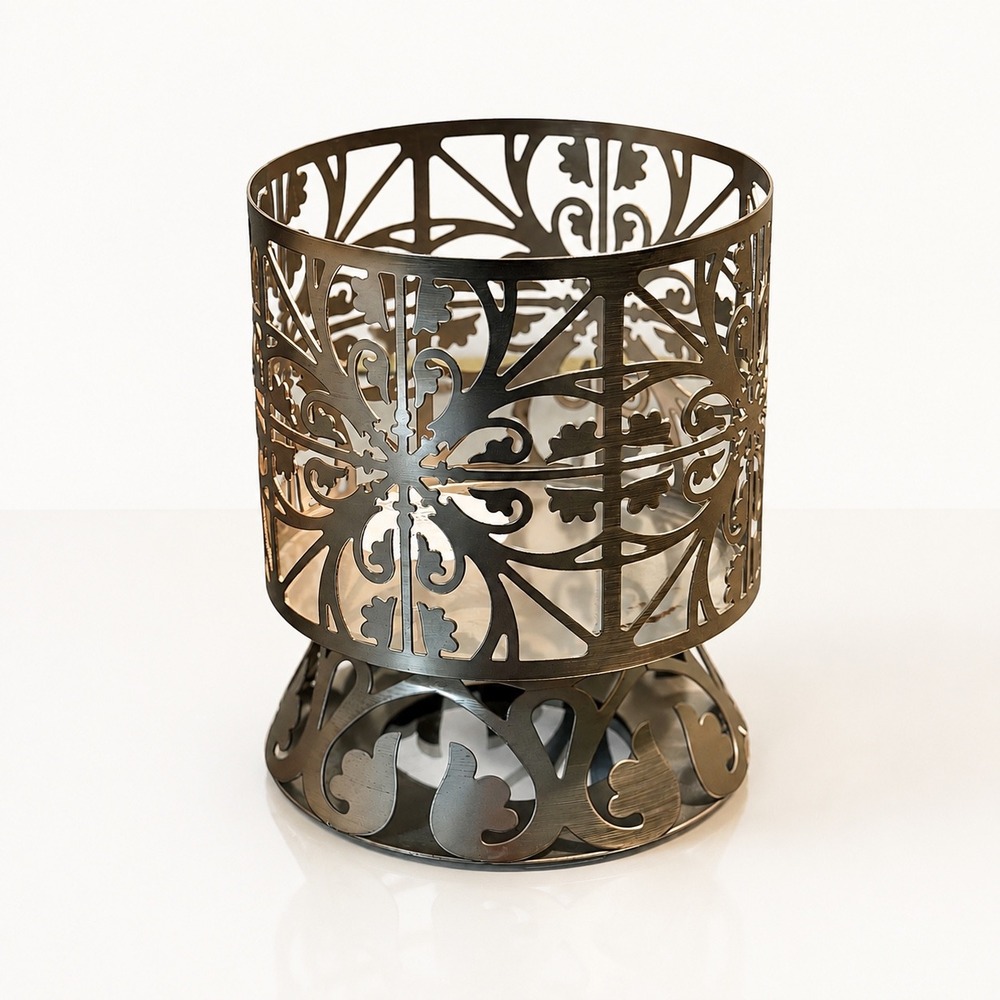 Bath & Body Works Gunmetal Bronze Filigree Pedestal 3-Wick Candle Holder Sleeve